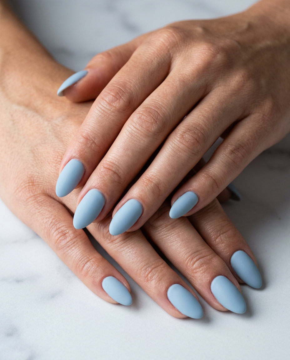 Velvet pale blue sky nails for summer classy nails 2026, perfect for date nights and cocktail parties.