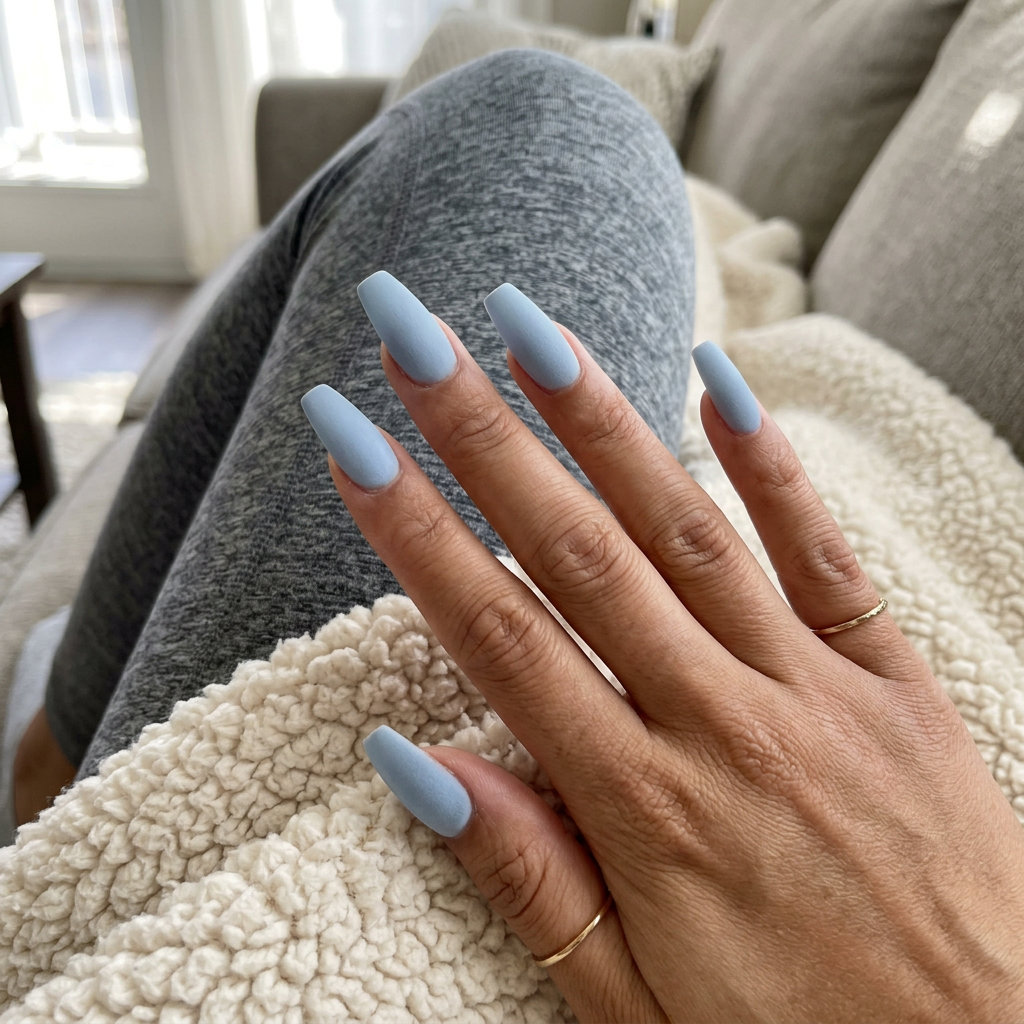 Summer classy nails 2026: Sophisticated velvet pale blue coffin nails for daily wear, casual evenings, and resort vacations.