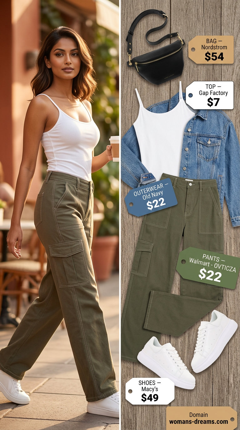 Khaki green cargo pants outfit for a casual summer coffee date, with a white tank, denim jacket, and sneakers.