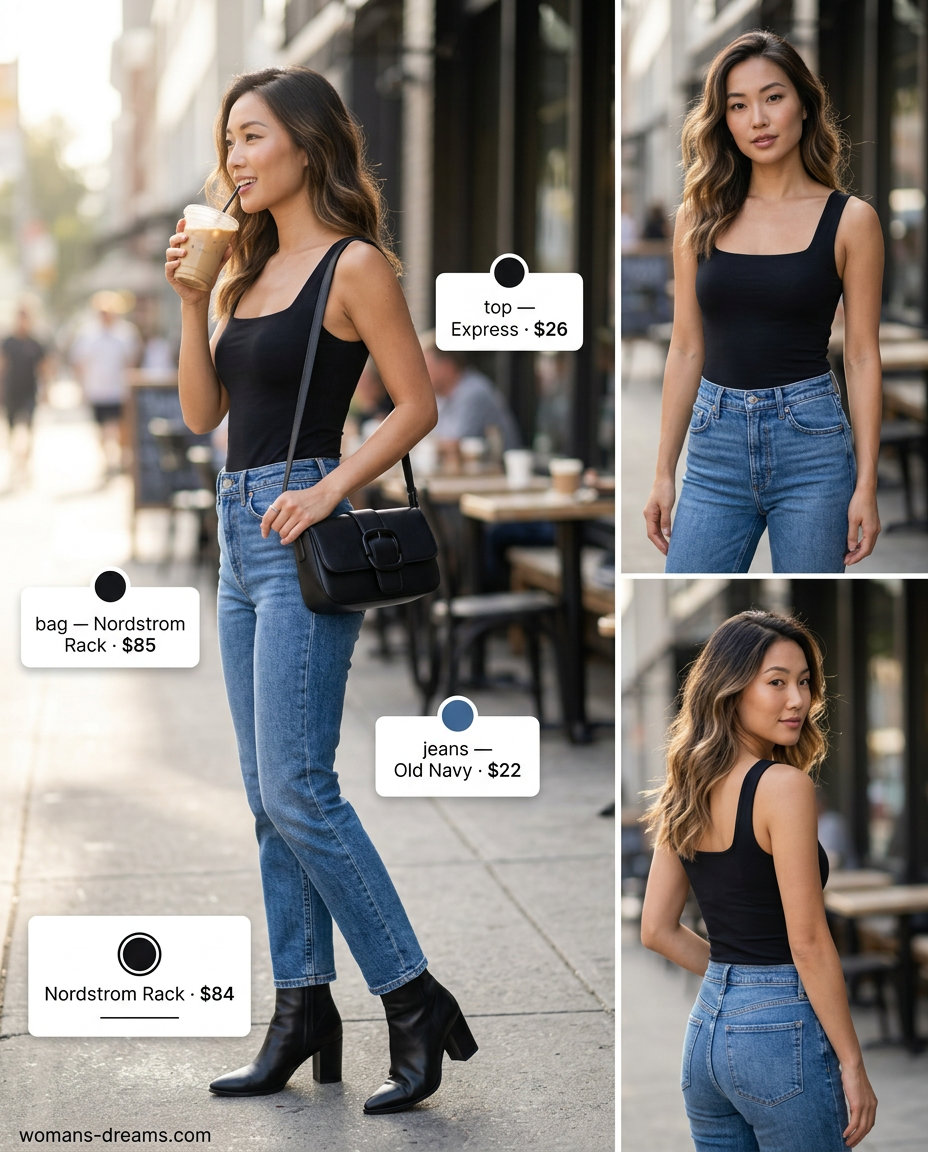 Medium wash denim jeans outfit for a classic summer coffee date, with a black knit top and ankle boots.