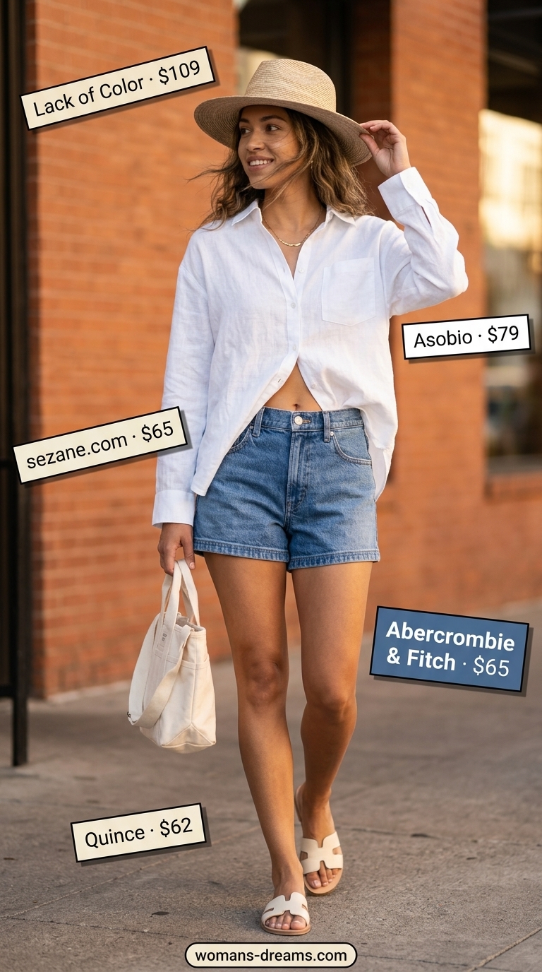 Denim shorts and linen shirt outfit for summer coffee dates 2026. Casual, relaxed, and effortless.