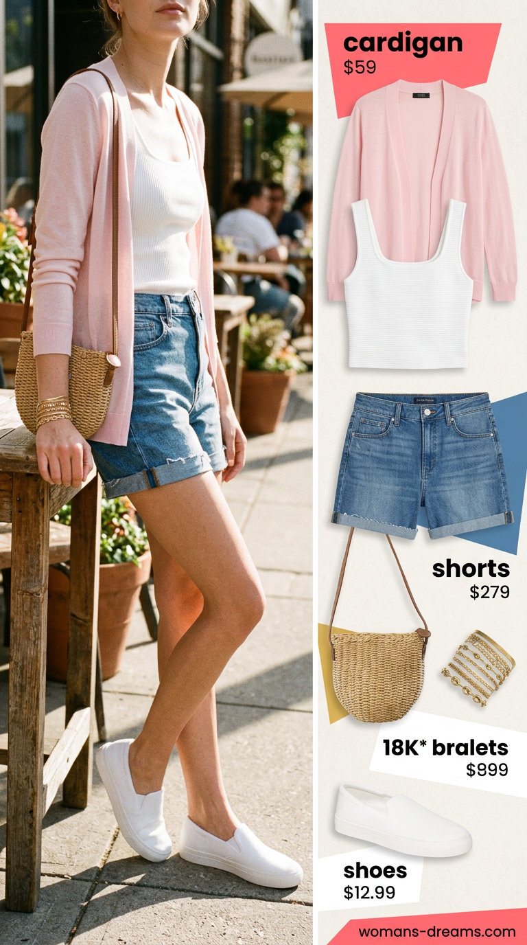 Denim shorts and cardigan outfit for summer coffee dates 2026. Relaxed, effortless, and chic style.