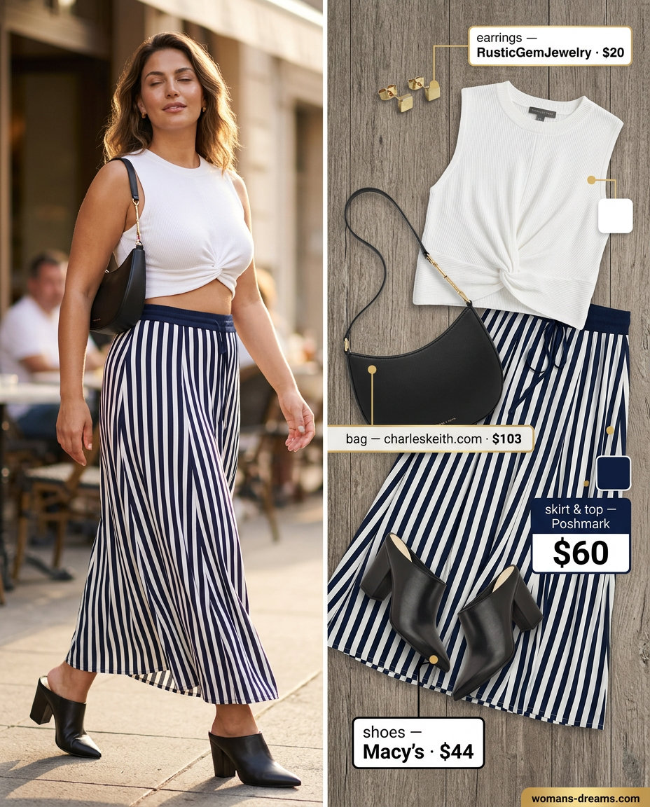 Navy and white striped knit set for a modern summer coffee date, with black mules and a shoulder bag.