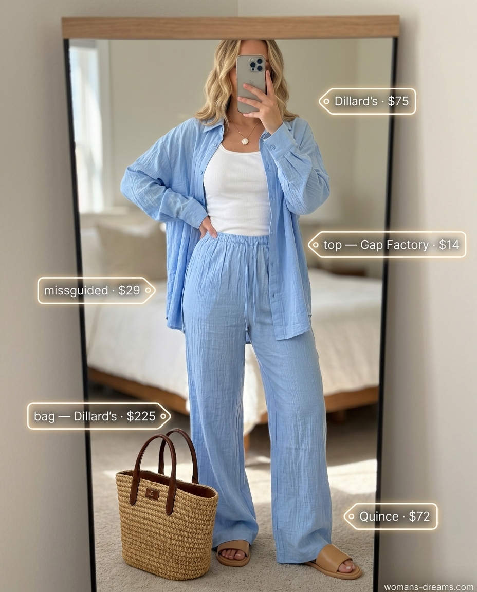 Sky blue linen co-ord outfit for summer coffee dates 2026. Relaxed, coastal, and effortless style.