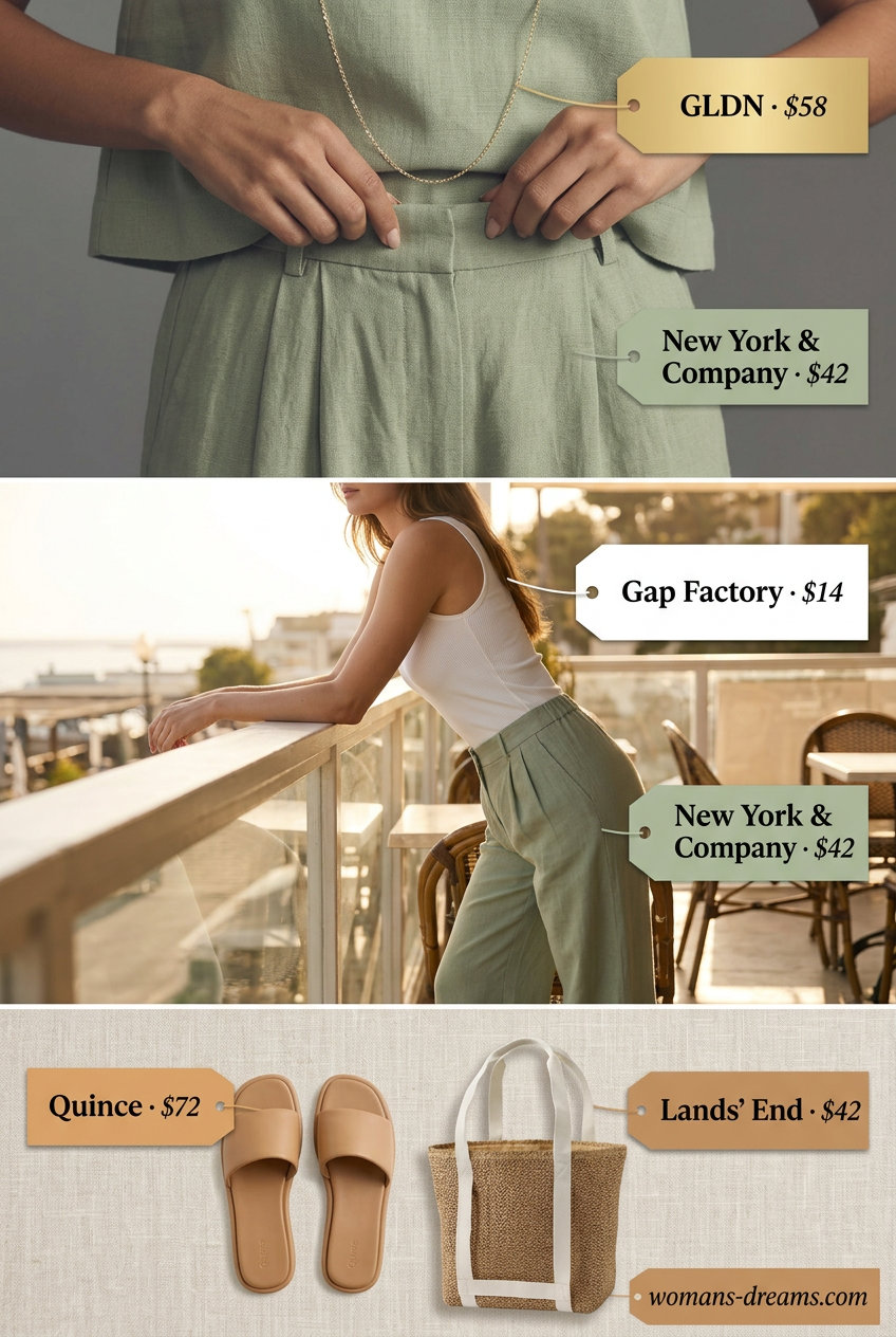 Olive green linen pants outfit for a casual summer coffee date, paired with a white knit crop top and straw bag.