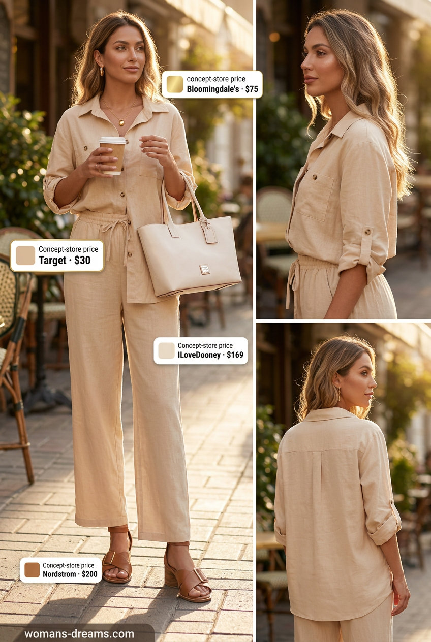 Cream linen matching set for summer coffee dates, featuring wide-leg pants and an oversized shirt. Chic & relaxed.