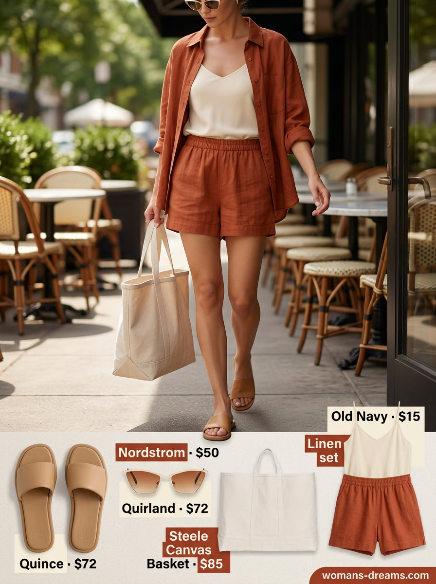 Terracotta linen shorts set outfit for summer coffee dates 2026. Relaxed, comfortable, and stylish.