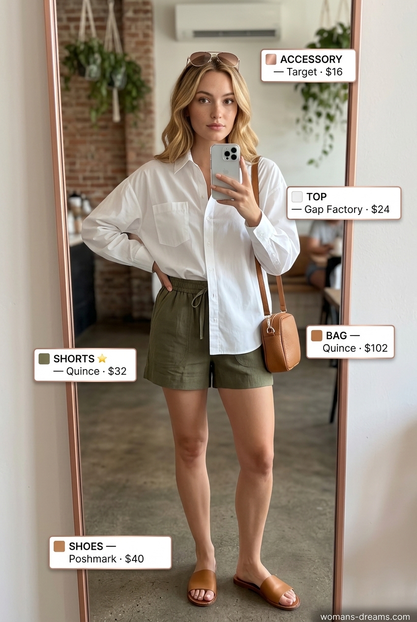 Olive green linen shorts outfit for a casual summer coffee date, with an oversized white button-down and aviators.