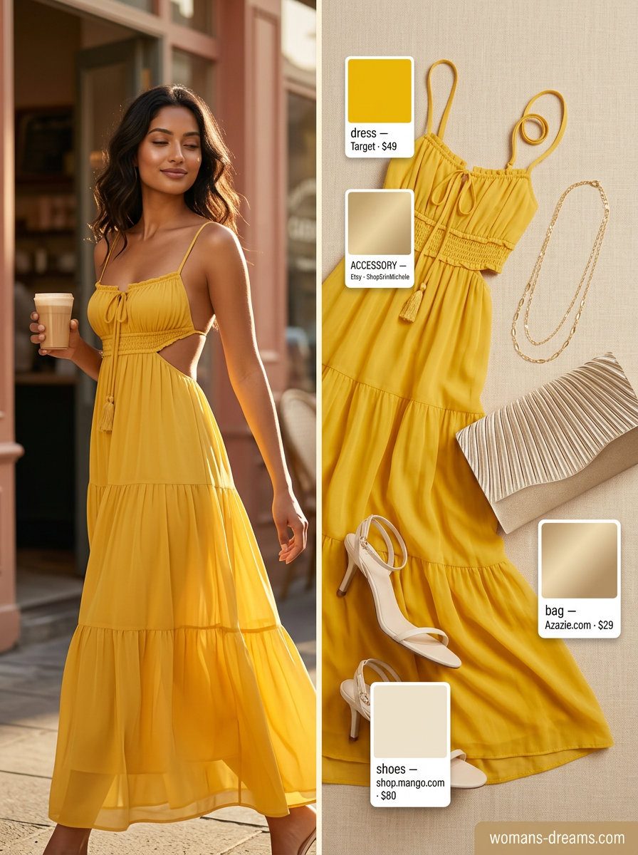 Golden yellow maxi dress for an elegant summer evening date or gathering, with strappy heels and gold jewelry.