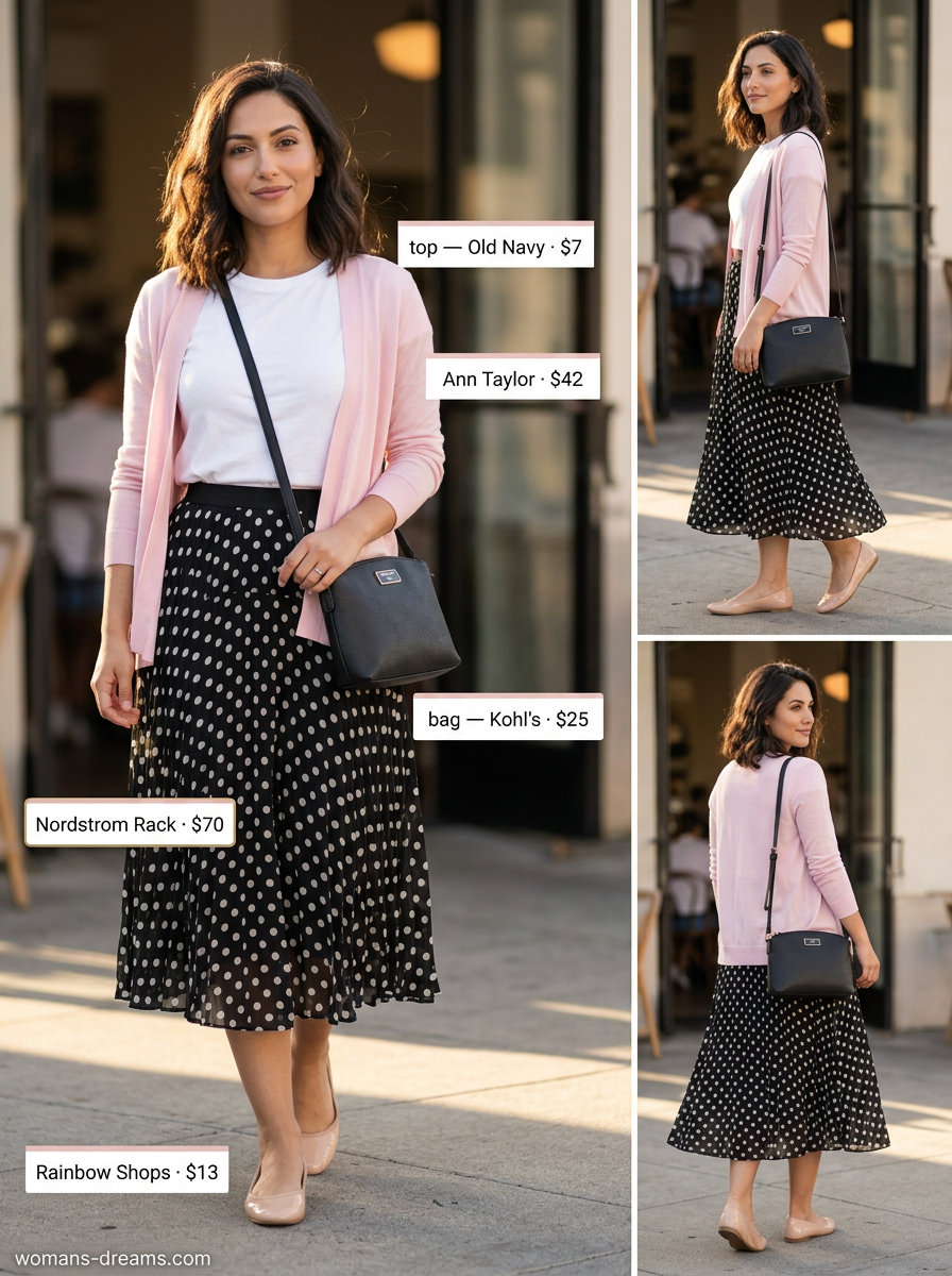 Polka dot midi skirt outfit for a playful summer coffee date, with a white tee, cardigan, and ballet flats.