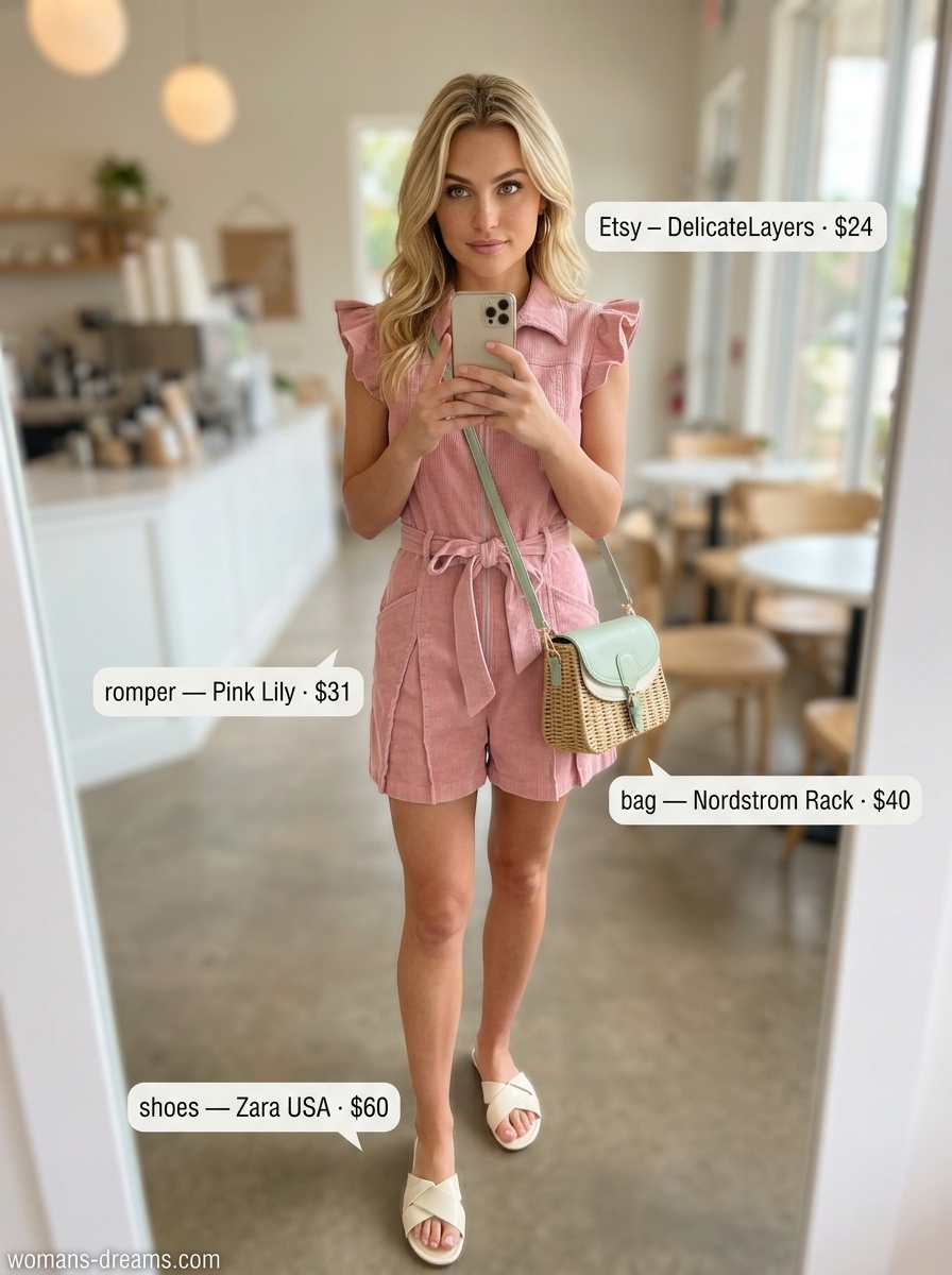 Blush pink romper for a sweet summer coffee date, with flat sandals and a straw crossbody bag.
