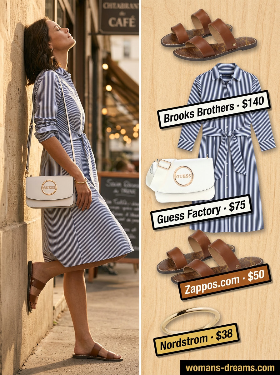 Light blue striped shirtdress outfit for summer coffee dates 2026. Polished, casual, and effortless.