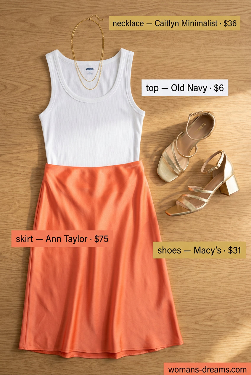 Coral orange slip skirt outfit for a chic summer coffee date, with a white tank top and block heel sandals.