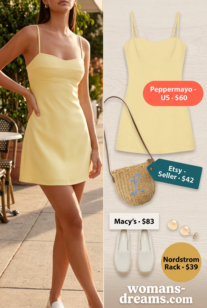 Light yellow sundress outfit for summer coffee dates 2026. Casual, comfortable, and sweet style.