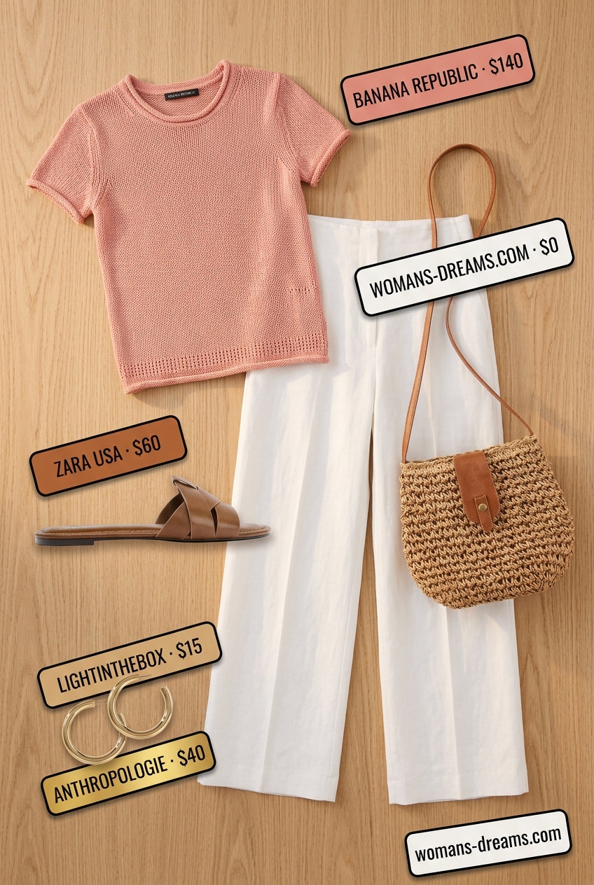 Casual summer coffee date outfit: blush pink linen co-ord set with tan sandals. 2026.