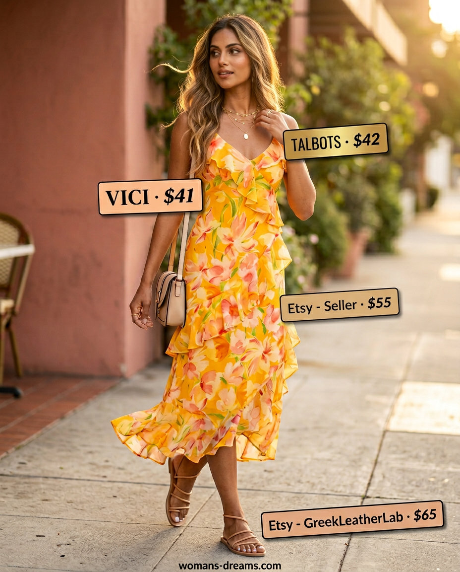 Feminine coral floral midi dress for a summer coffee date or brunch in 2026.