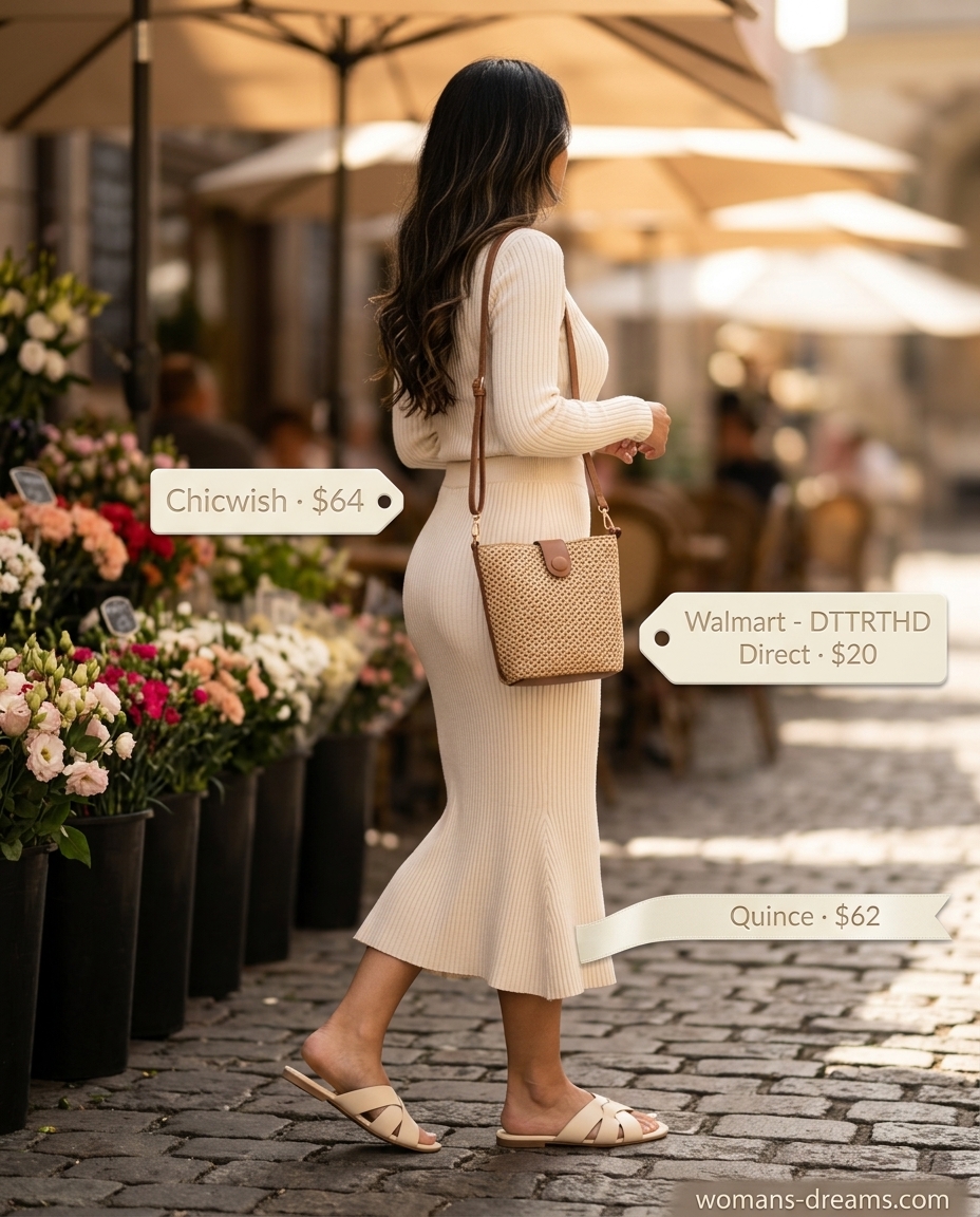 Comfortable and chic knit set outfit for a summer coffee date or park picnic in 2026.