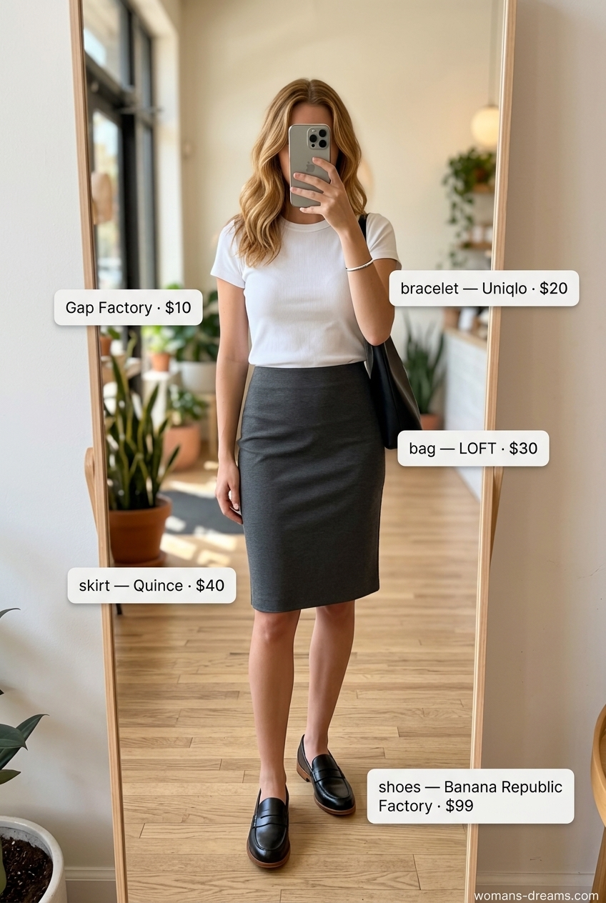 Modern minimalist midi skirt outfit for a summer coffee date in 2026. Chic and sophisticated.