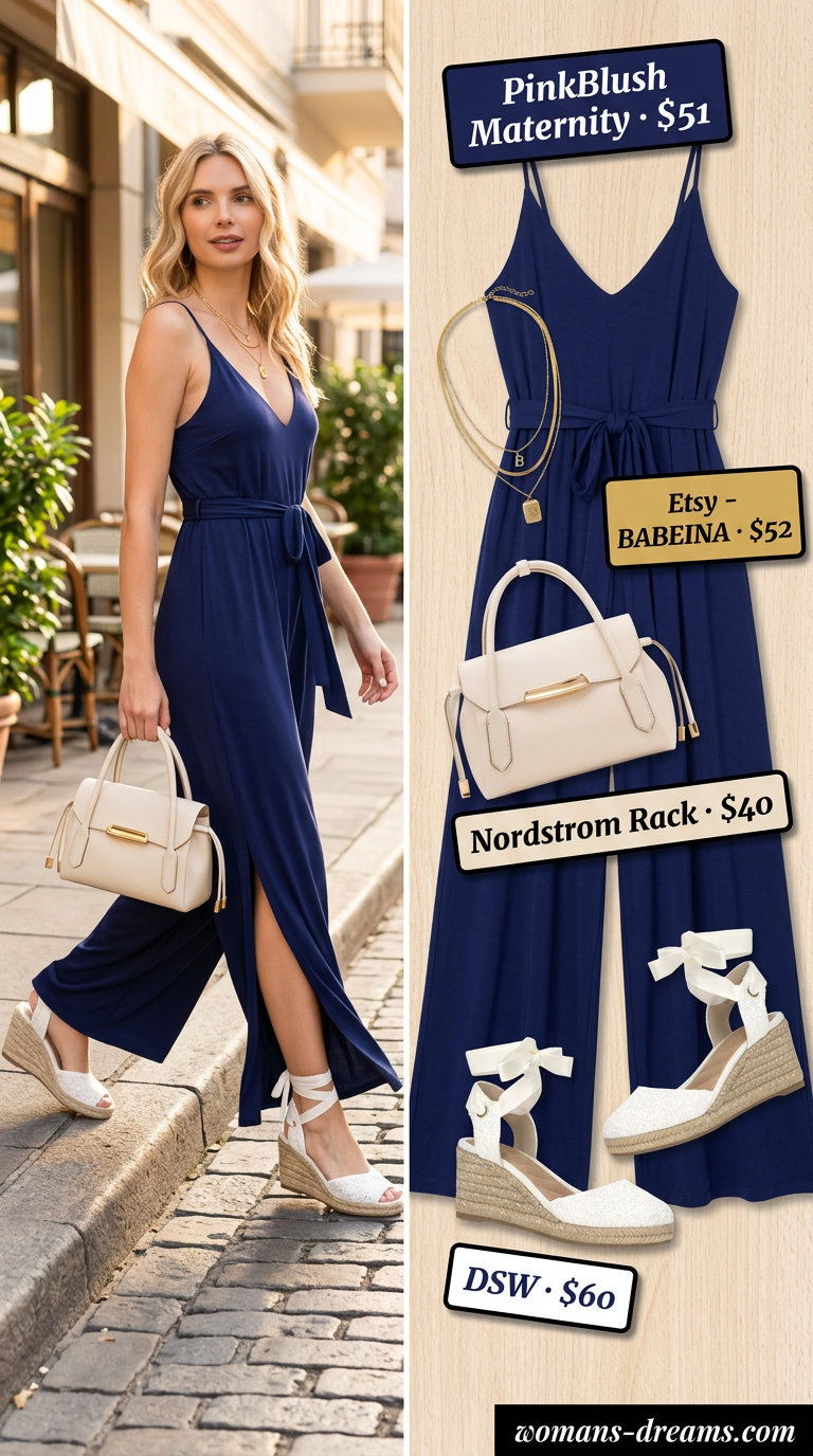 Effortless summer coffee date jumpsuit outfit in navy blue for 2026. Chic and comfortable.