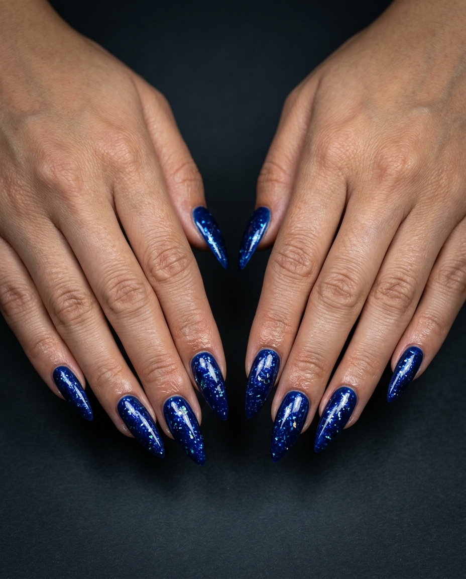 Cosmic Blue Foil 2026: Futuristic Party Nails Cosmic Blue Foil: Futuristic electric blue nails with iridescent foil flakes, ideal for summer colorful nails designs 2026 parties.