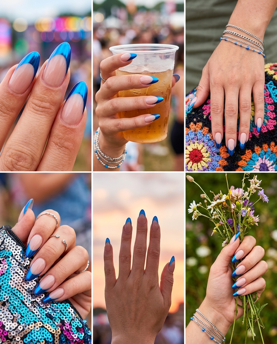 Future Chrome French Almonds 2026: Party Nails Future Chrome French Almonds: Sleek electric blue chrome French tips on nude base, ideal for summer colorful nails designs 2026 parties.