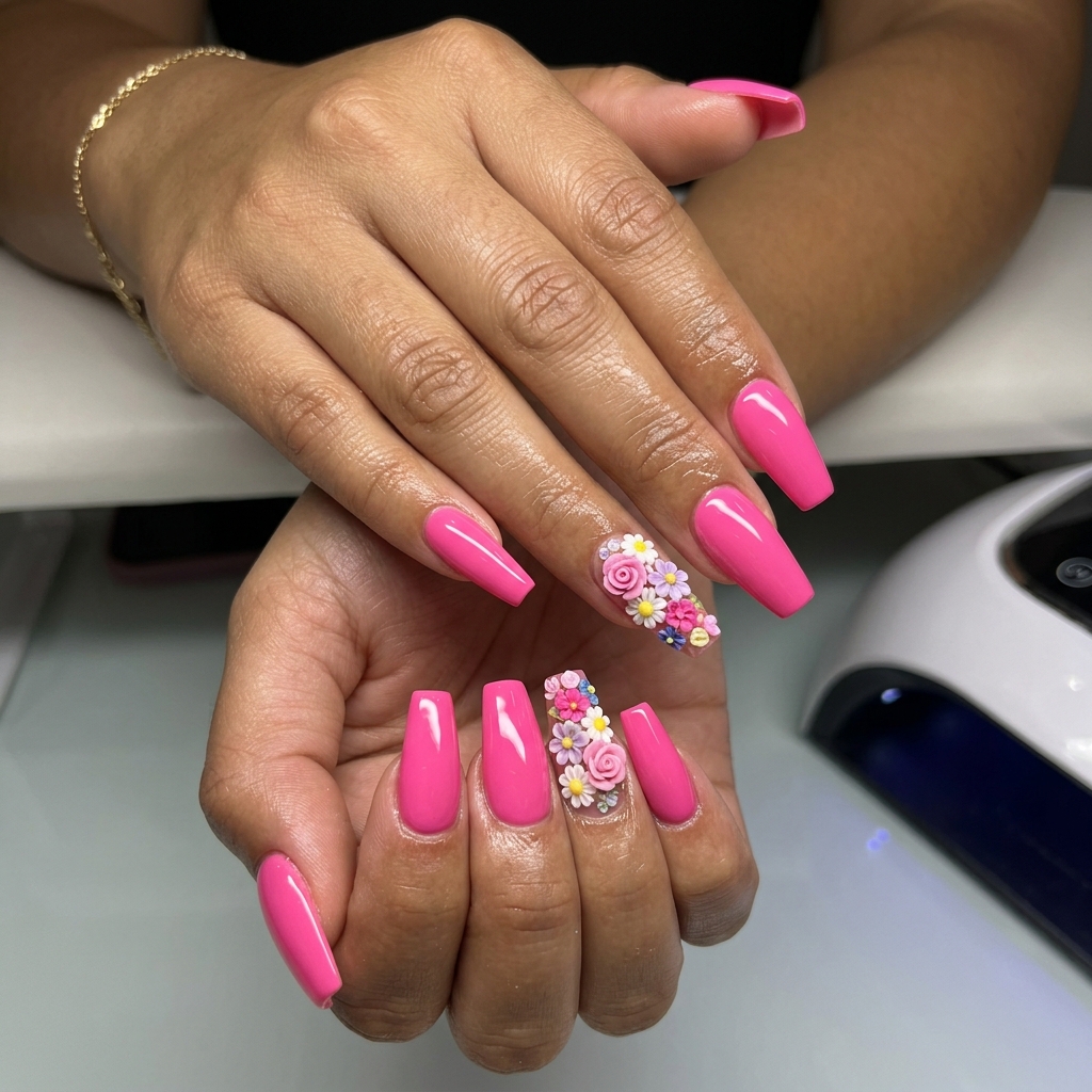 3D Floral Hot Pink Nails 2026 | Party Glam Hot pink coffin nails with 3D floral charms for summer colorful nails designs 2026. Glamorous party look.
