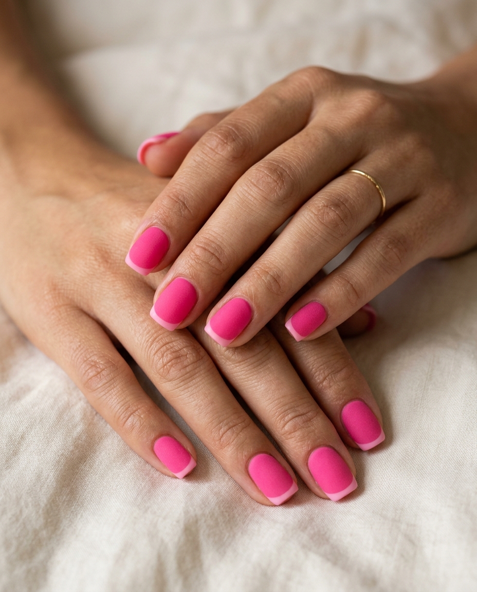 Velvet Hot Pink French 2026 | Chic Nails Hot pink velvet matte nails with soft pink micro French tip for summer colorful nails designs 2026.