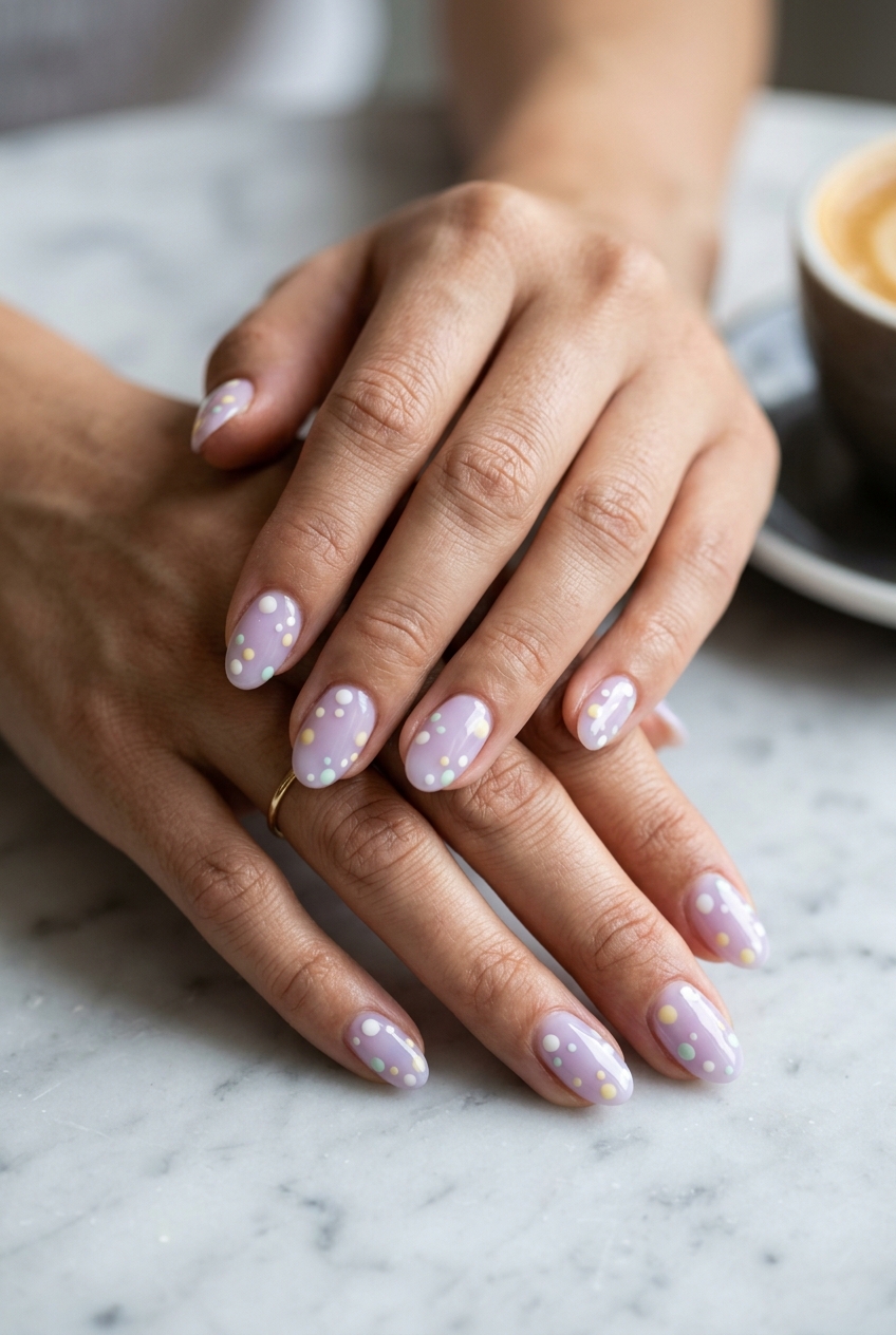 Lavender Milky Dot Nails 2026 | Playful Style Milky lavender oval nails with abstract dots in white, yellow, and mint green for summer colorful nails designs 2026.