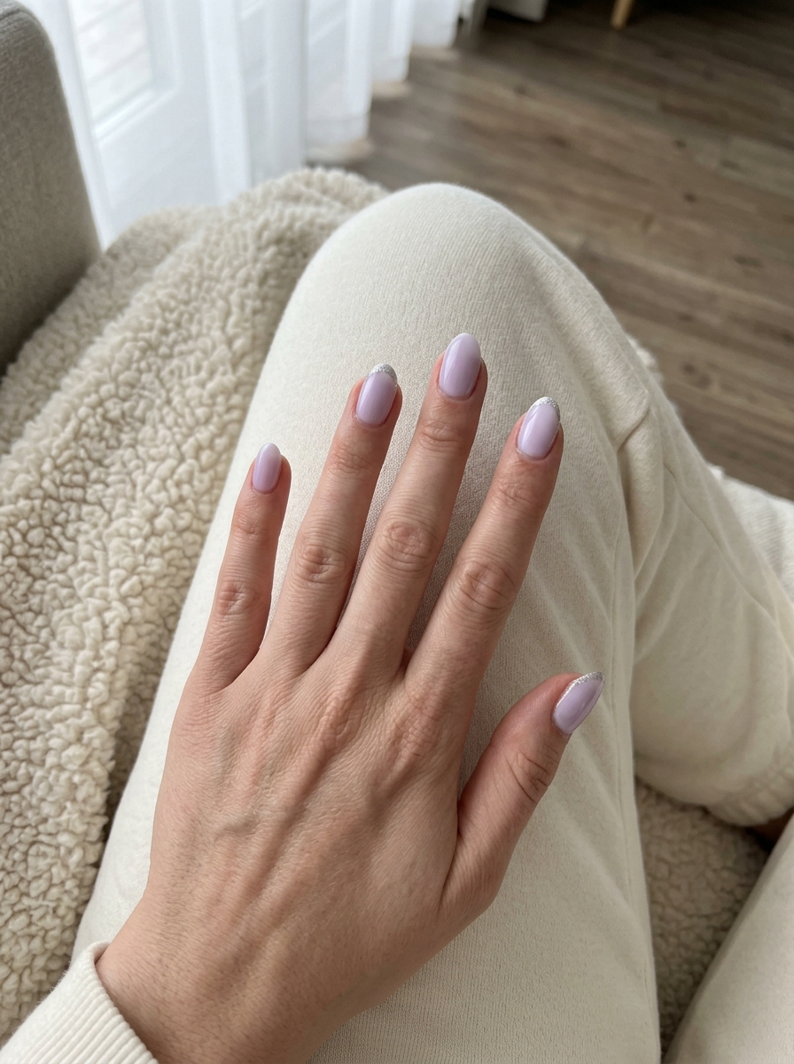 Lavender Sparkle French Tip Nails 2026 Lavender sparkle French tip nails for wedding guest or bridal shower. Romantic and sophisticated summer colorful nails designs 2026.