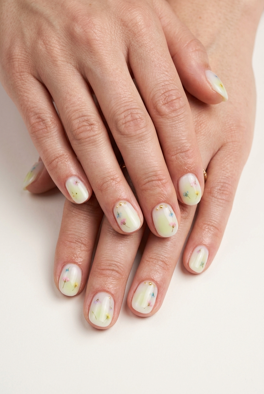 Enchanted Lime Blossom Milk Bath Nails 2026 Enchanted lime blossom milk bath nails for wedding or garden party. Ethereal and romantic summer colorful nails designs 2026.