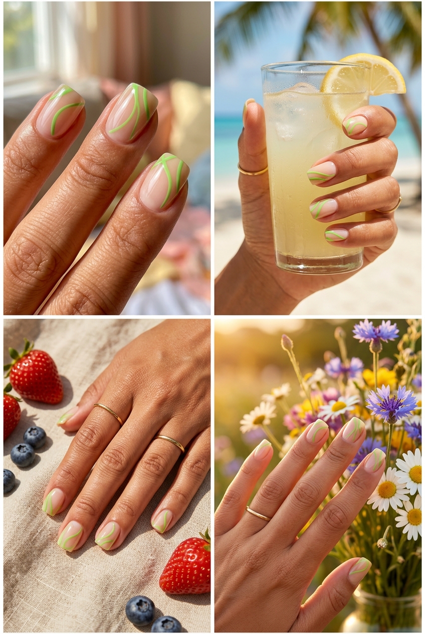 Lime Green Line Art 2026 | Minimalist Nails Lime green abstract line art on natural square nails for summer colorful nails designs 2026. Minimalist chic.