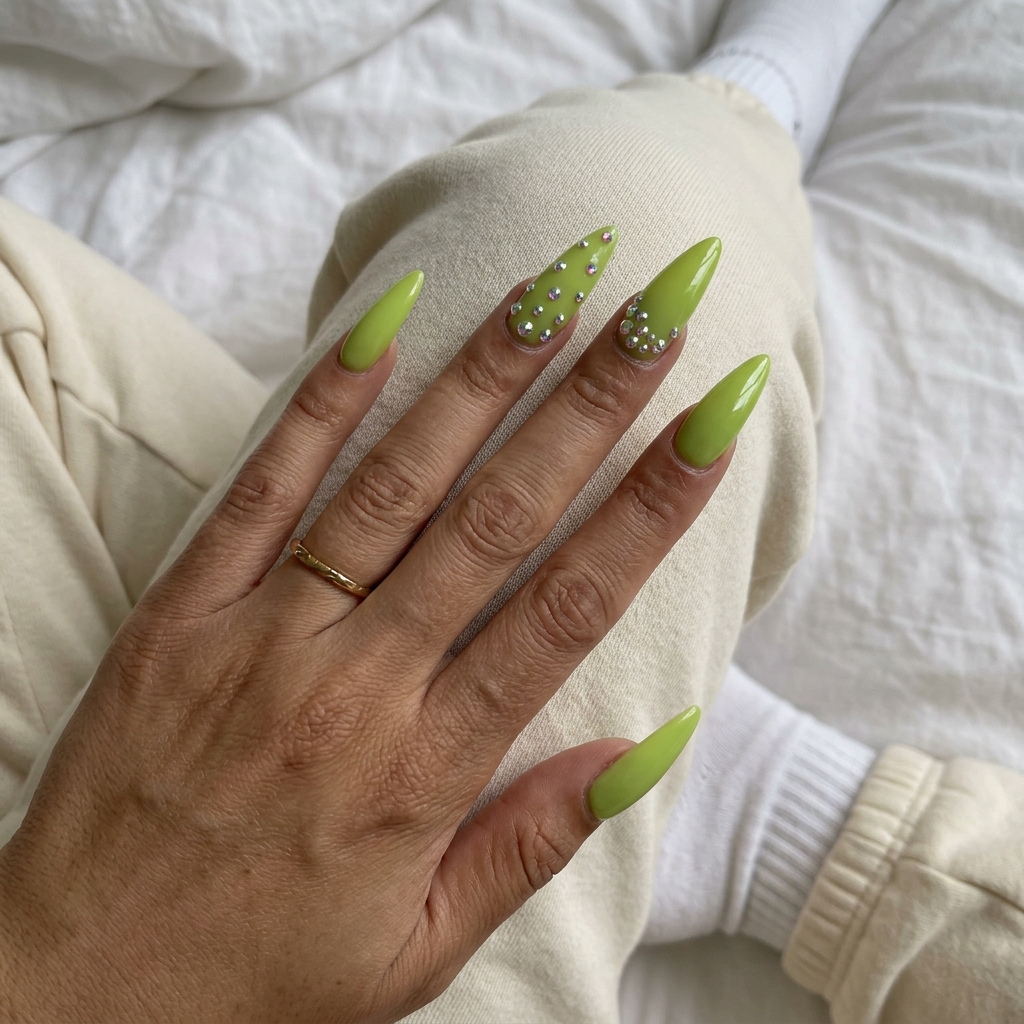 Lime Sparkle Glam Stilettos 2026 Lime sparkle glam stiletto nails for festival or summer night out. Glamorous and edgy summer colorful nails designs 2026.