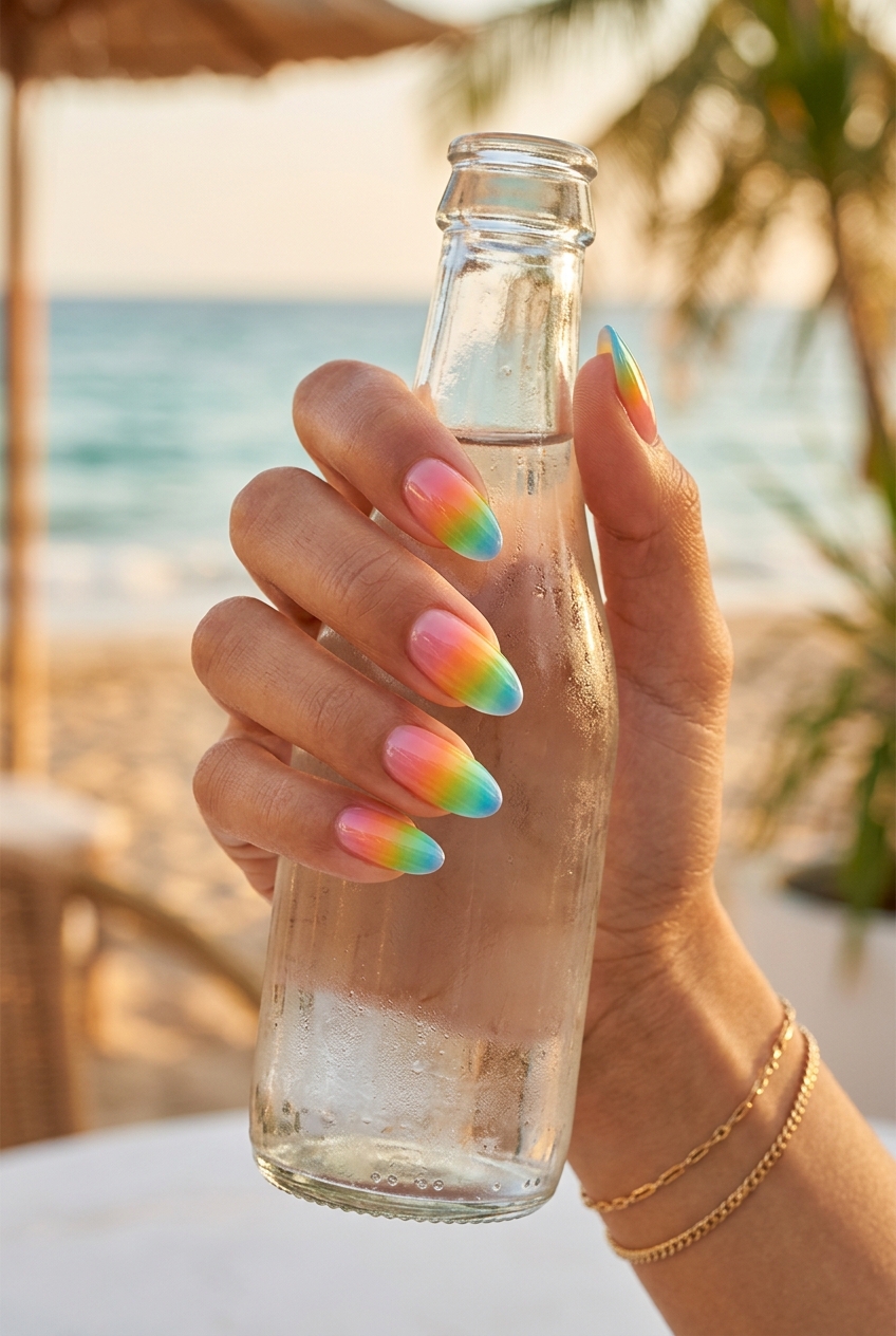 Rainbow Sherbet Gradient Nails 2026 Rainbow sherbet gradient nails for summer vacation or festival. Playful and vibrant summer colorful nails designs 2026.