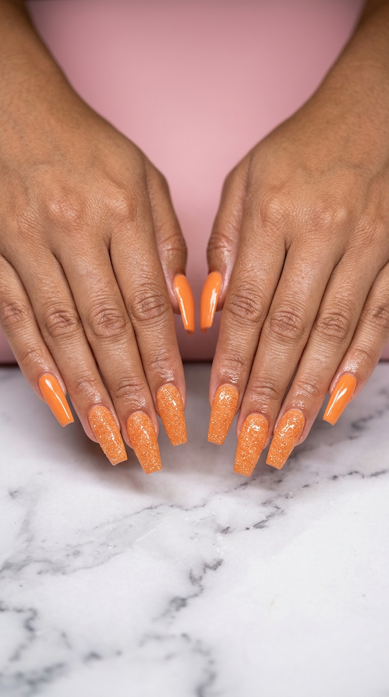 Sparkling Tangerine Texture 2026: Festival Nails Sparkling Tangerine Texture: Glamorous tangerine nails with gold glitter overlay, great for summer colorful nails designs 2026 festivals.