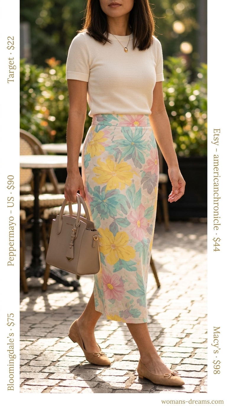 Chic pastel floral midi skirt for al fresco dining and smart casual events 2026.