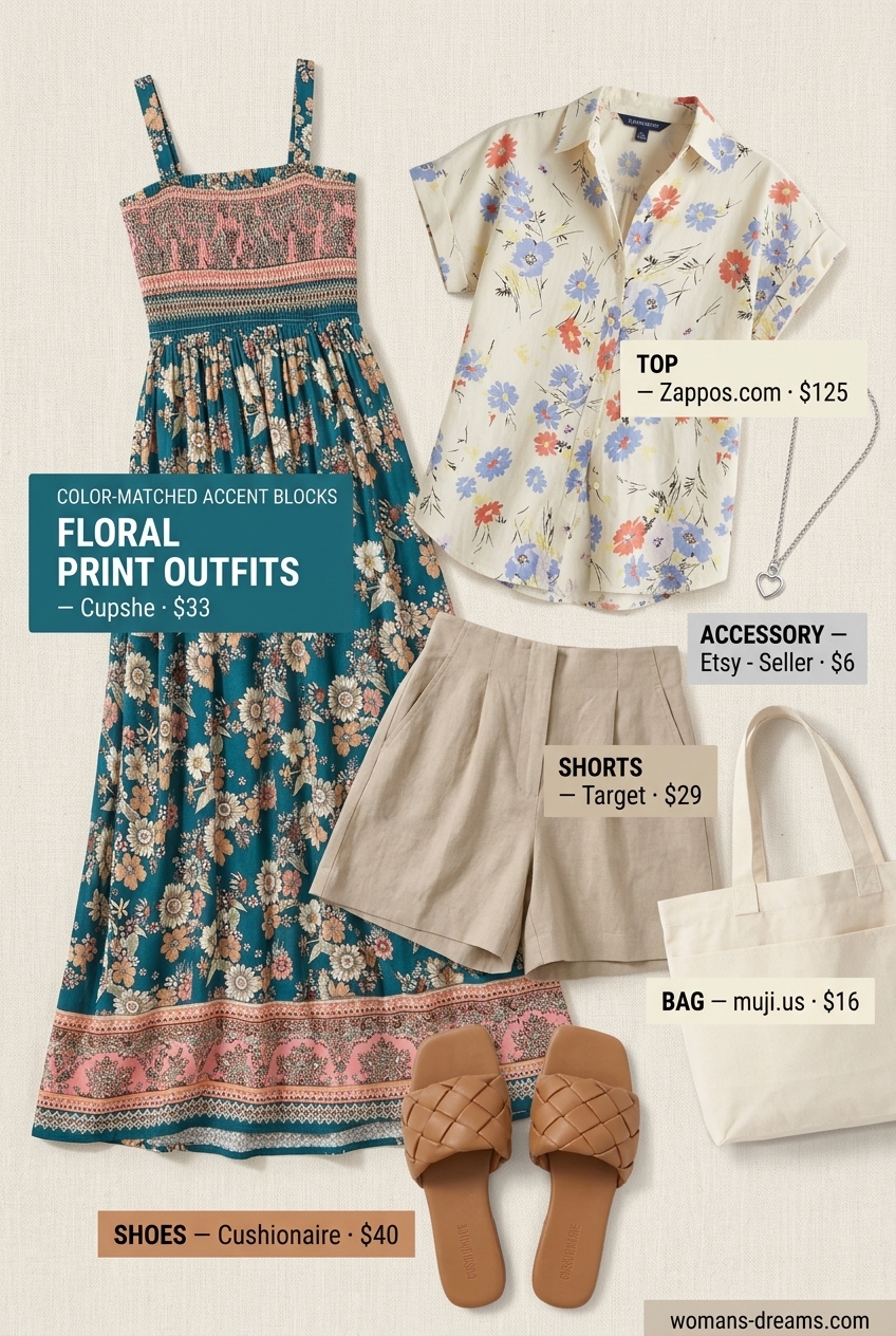 Coastal summer floral outfit: Blue floral blouse, linen shorts, slide sandals, canvas tote for beach day.