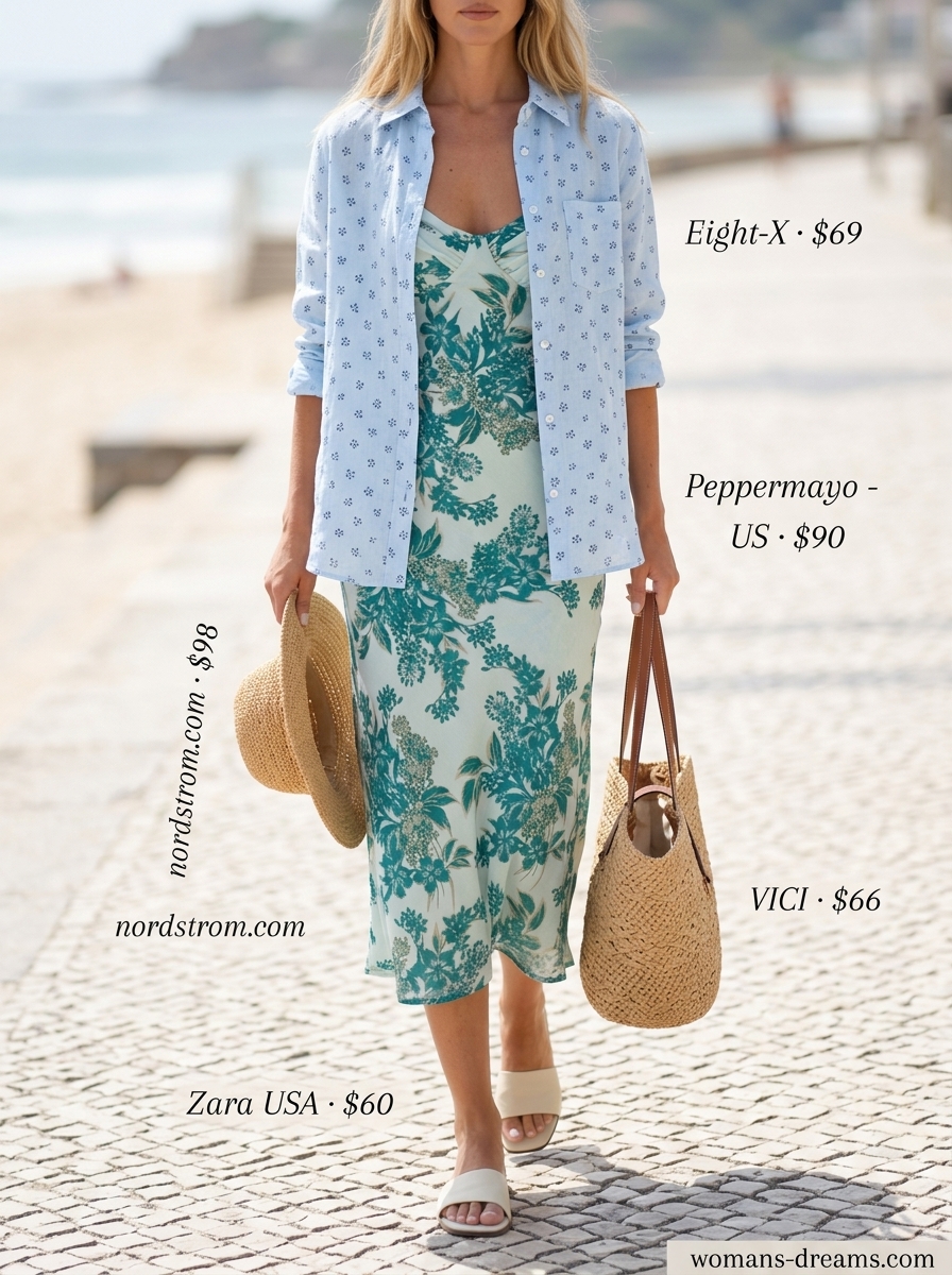 Relaxed summer floral linen set outfit: Blue floral shirt, straw hat, leather slides, straw tote for beach.