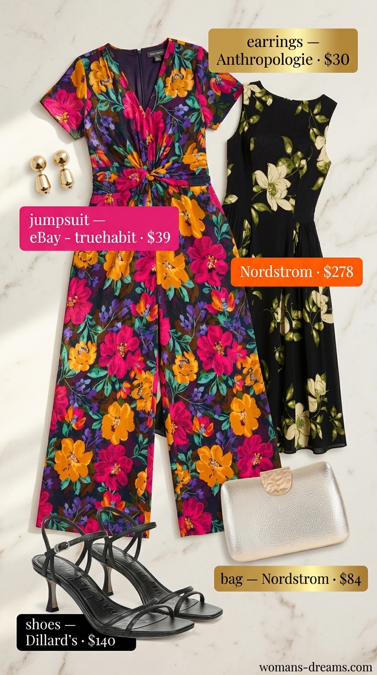 Bold floral print jumpsuit for summer events and date nights in 2026. Chic and modern.