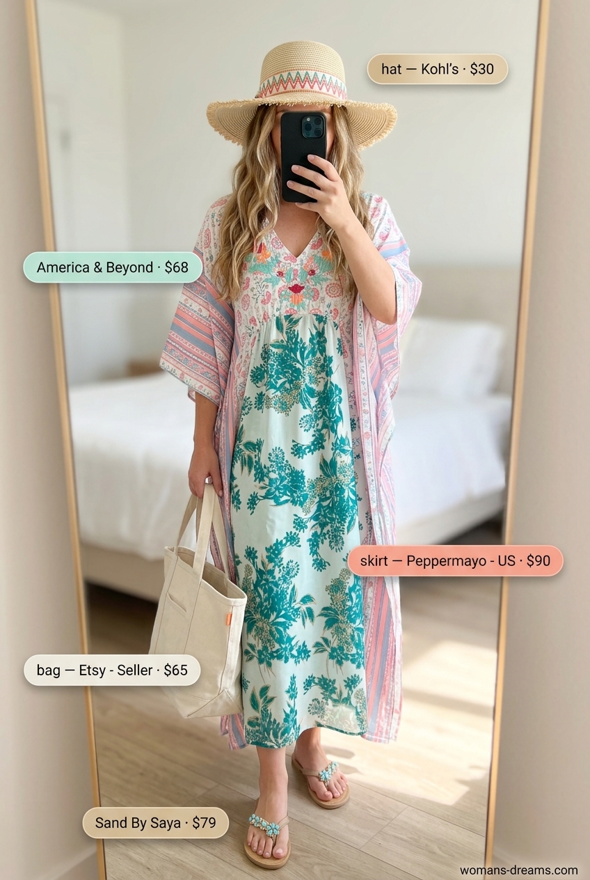 Bohemian floral print kaftan dress for women's beach and poolside style in Summer 2026.