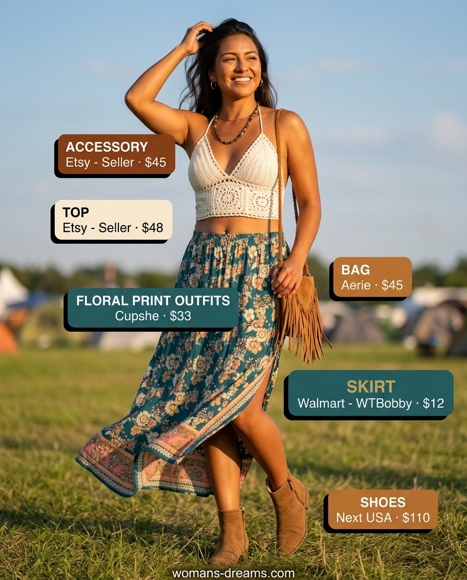 Boho festival summer floral skirt outfit: Tiered maxi skirt, crochet top, suede boots, fringe bag.