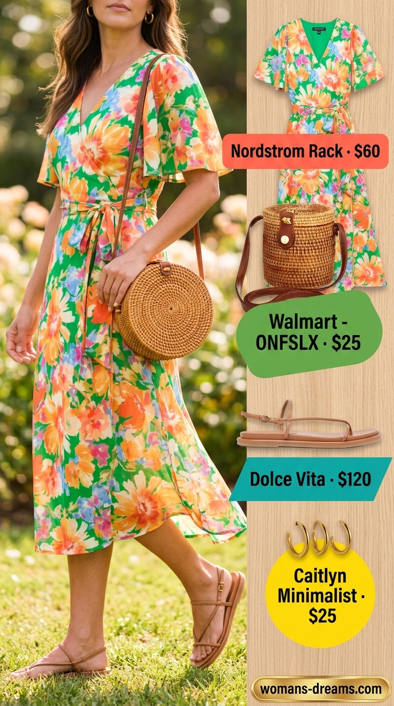 Garden party summer floral outfit: Multi-color floral midi wrap dress, straw bag, leather sandals, gold earrings.