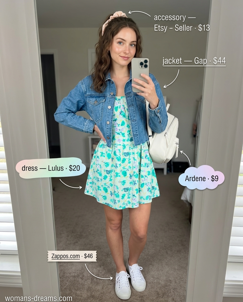 Playful summer floral mini dress outfit: Pastel floral dress, denim jacket, white sneakers, mini backpack.