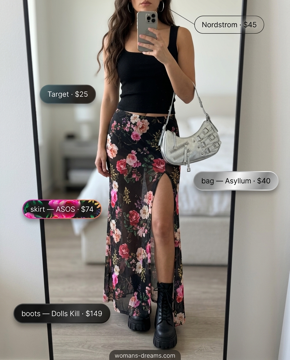 Edgy floral print maxi skirt outfit with black crop top and combat boots for women in Summer 2026.