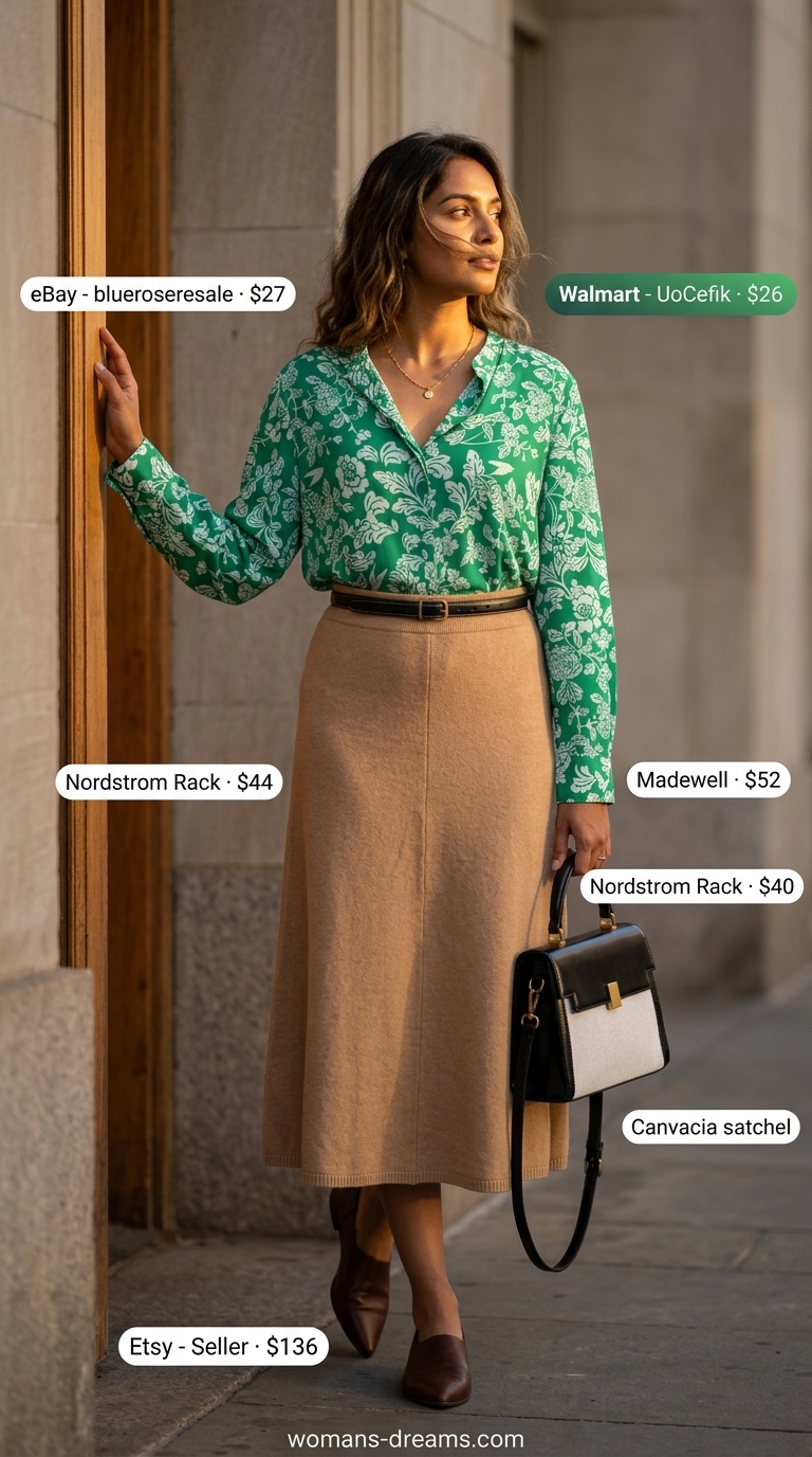 Artistic green floral print blouse and beige skirt outfit for women in Summer 2026. Smart casual.