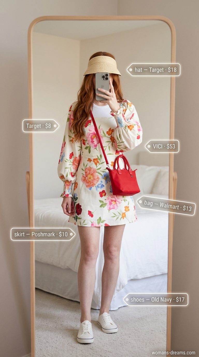 Summer floral print outfit: Red floral A-line skirt, white tank, white sneakers, red crossbody bag for a picnic.