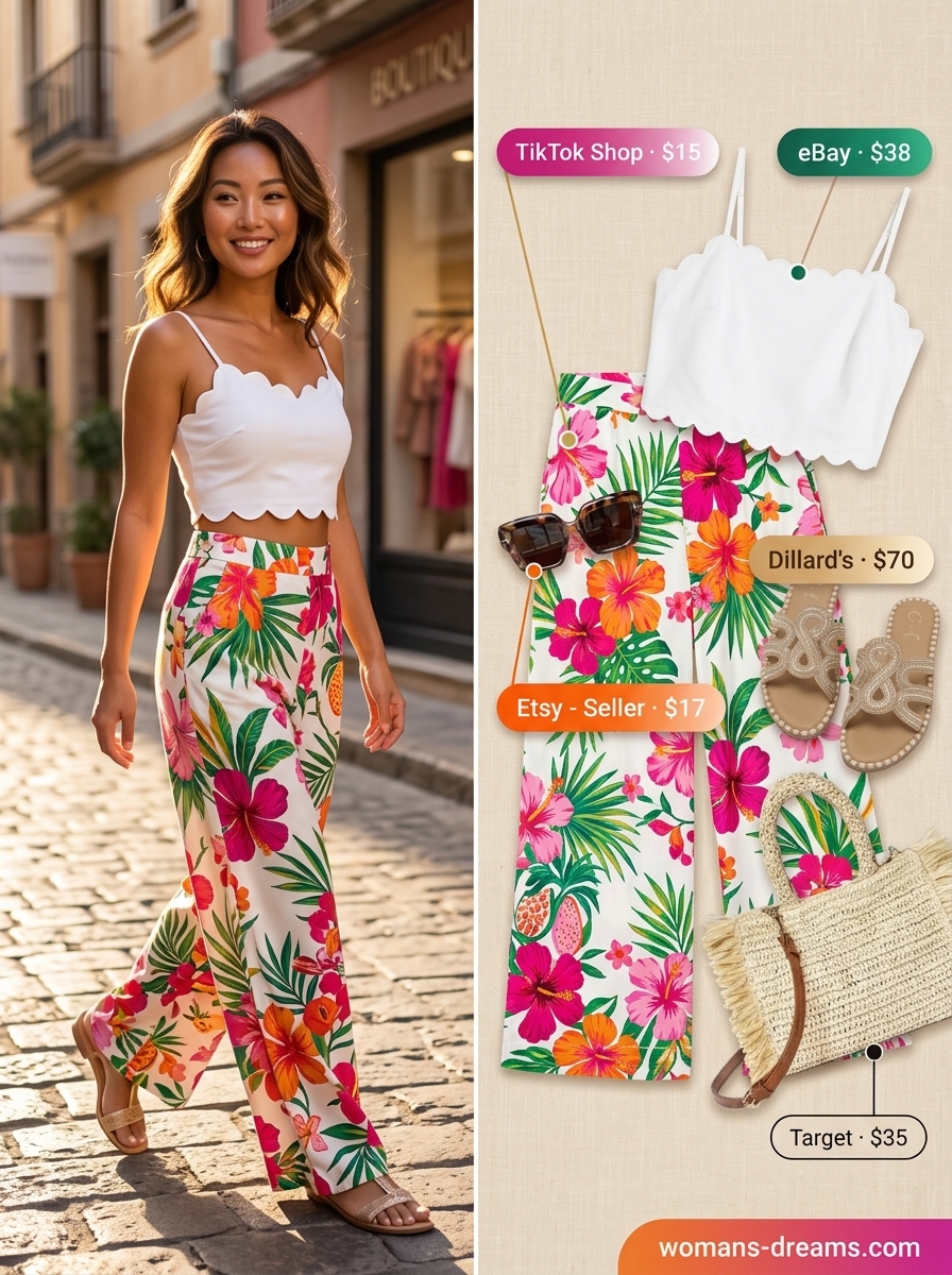 Vibrant tropical floral print matching set for women's vacation and resort wear in Summer 2026.