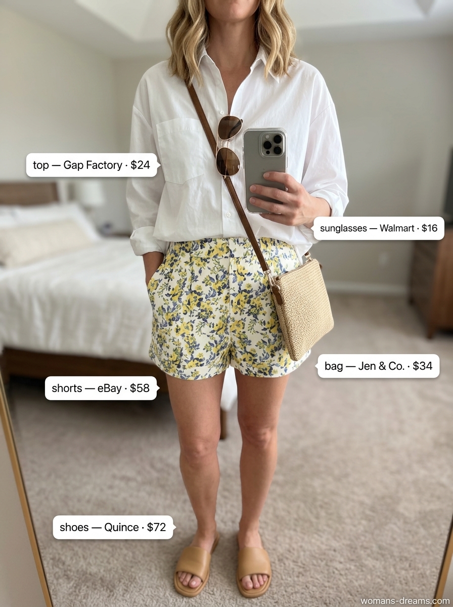 Chic summer floral shorts outfit: Yellow floral shorts, white button-down, leather slides, woven bag, aviators.