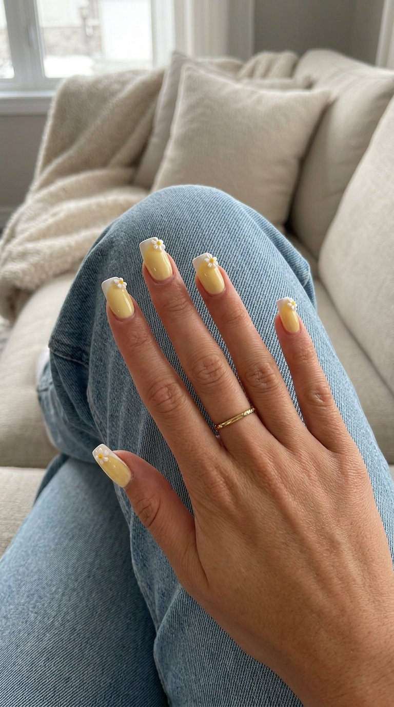 Butter Yellow 3D Daisy French Nails 2026 | Playful Party Butter yellow 3D daisy French tip coffin nails for a playful summer party. Summer flower nails 2026.
