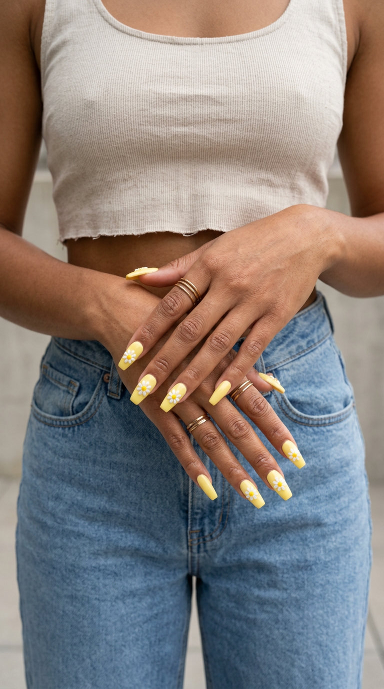 Playful Butter Yellow 3D Daisy Nails 2026 Playful butter yellow 3D daisy nails 2026 for summer parties. Textured coffin shape.