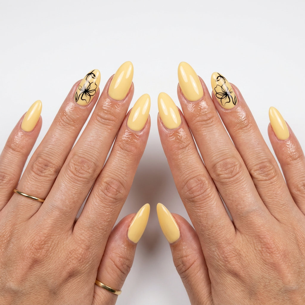 Butter Yellow Outline Nails 2026: Artistic Daytime Chic Butter Yellow Abstract Outline Almond nails for garden parties or daytime events in 2026. Artistic sunny chic.